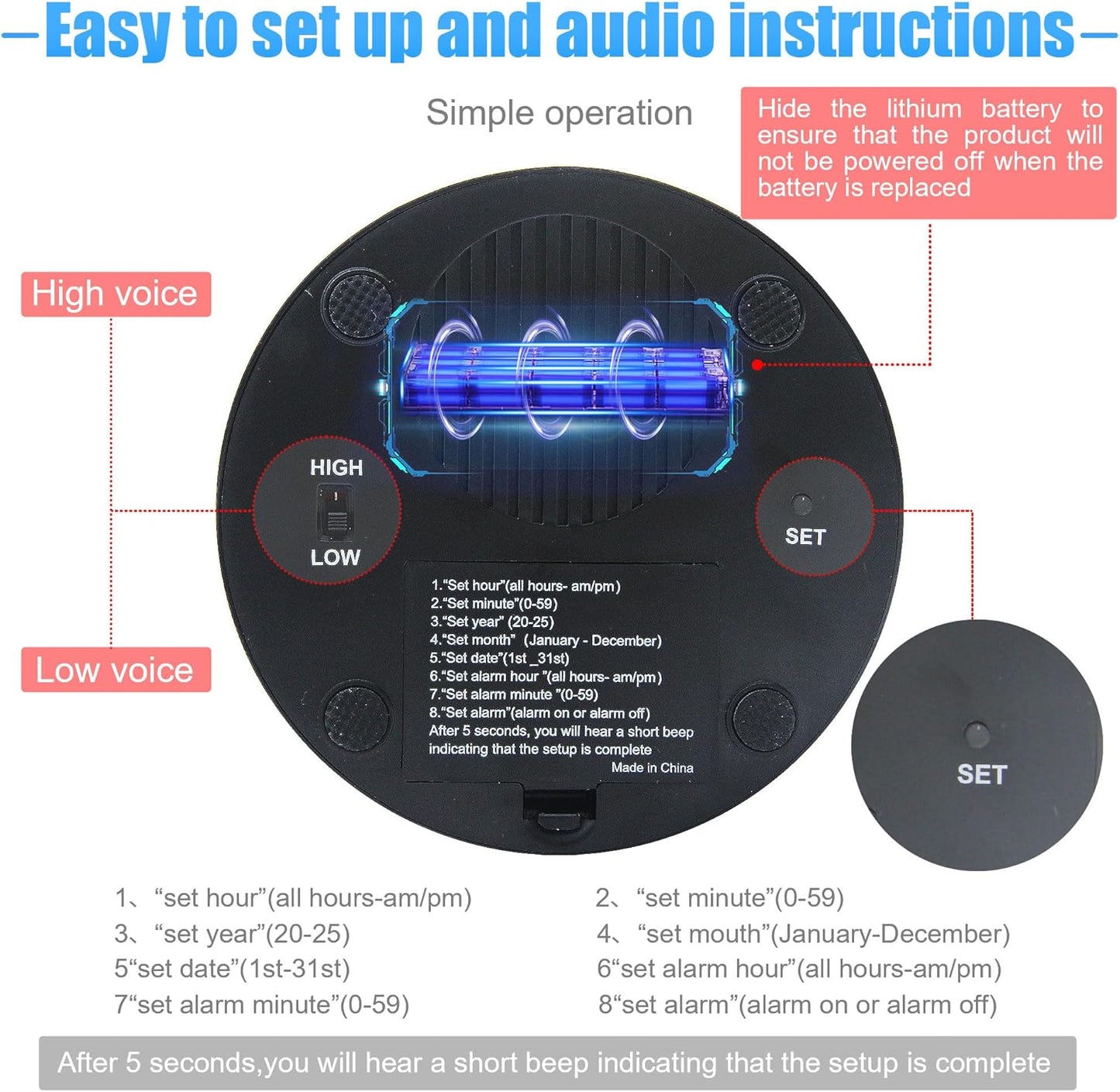 Large Talking Button Clock, Talking Alarm Clock with Volume Control Telling Time and Day of The Week Alarm Gift Clock for Mother Father Seniors Elderly Blind People - (Red and Black)