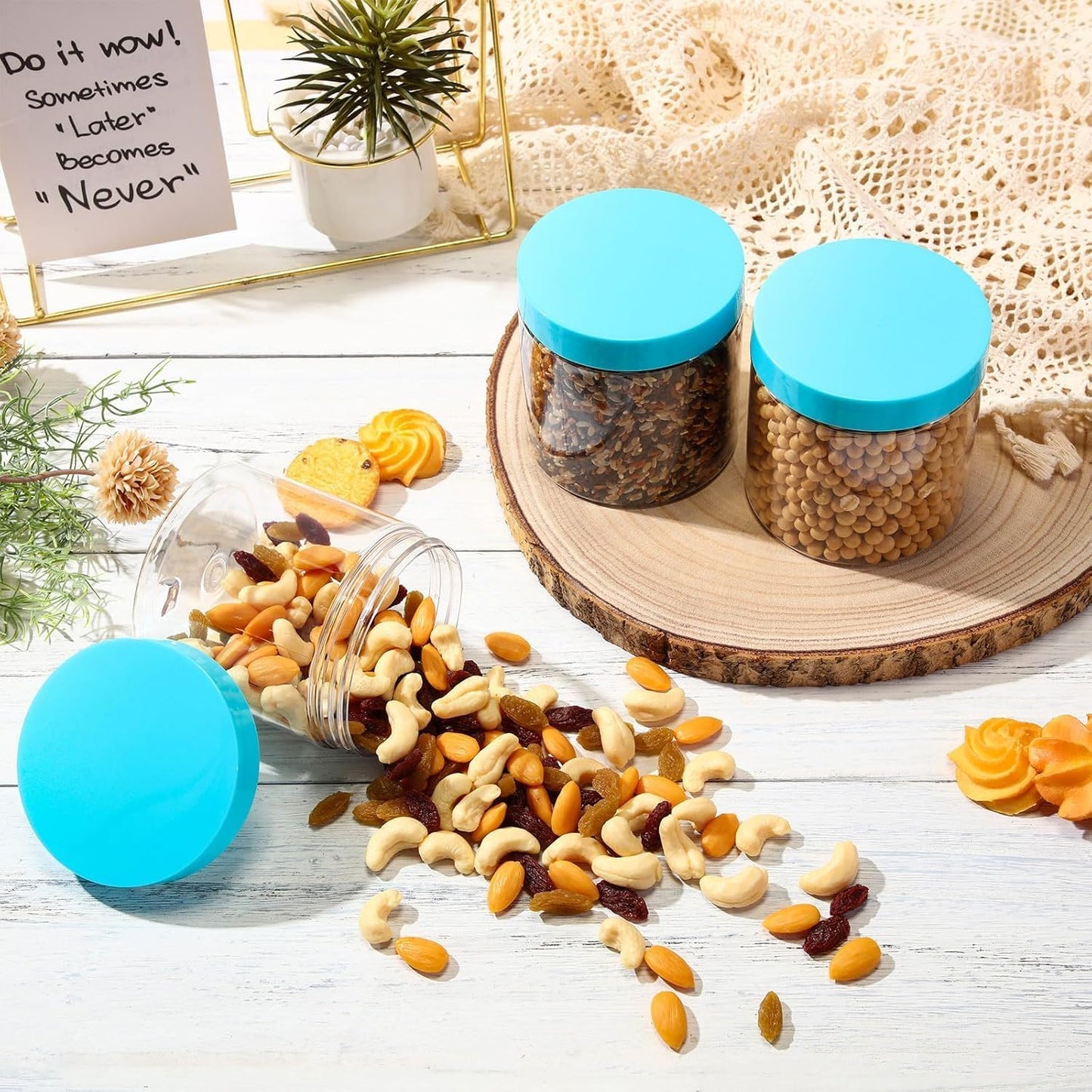 SATINIOR 12 Pack 16 oz Plastic Container Jars with Lids Round Clear Travel Cosmetic Container Slime Jars for Toiletries, Lotion, Cream, Ointments, Makeup, Rhinestone, Samples, Kitchen Storage(Blue)