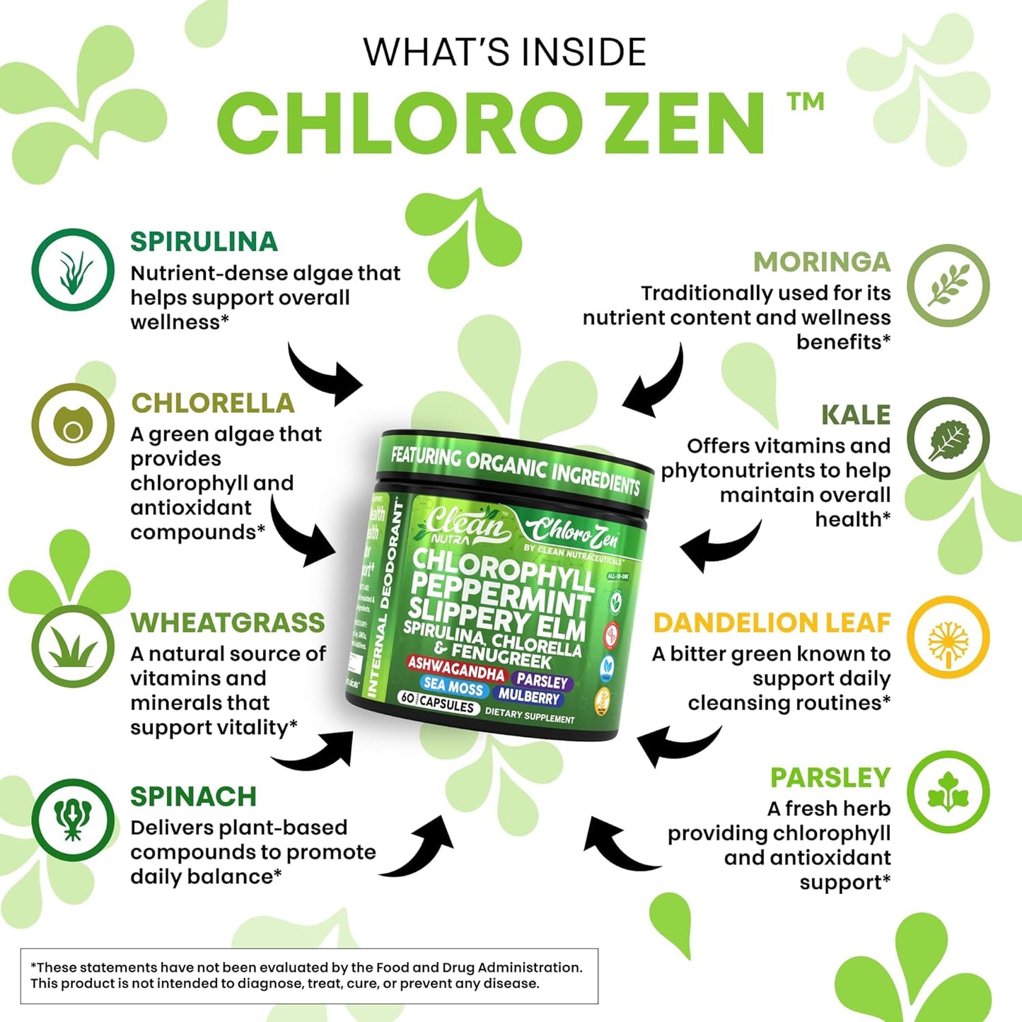 Clean Nutra Chlorophyll Peppermint Slippery Elm Spirulina Chlorella Fenugreek Ashwagandha Sea Moss Supplement – Ph Balance for Women Detox Internal Deodorant Supplements + Prebiotics 60 Vegan Capsules