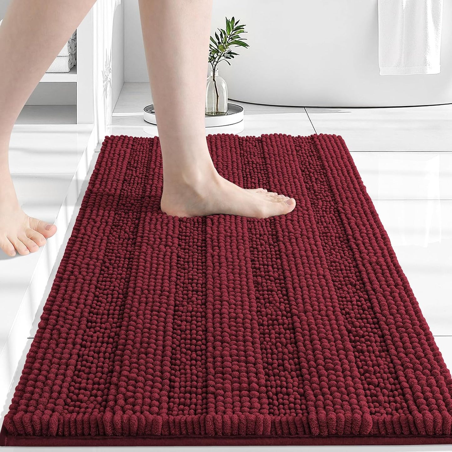 Grandaily Chenille Striped Bathroom Rugs 24x16, Extra Thick and Absorbent Bath Mats, Non-Slip Soft Plush Shaggy Shower Carpet, Machine Wash Dry, Bath Rug for Bathroom, (Small, Burgundy)