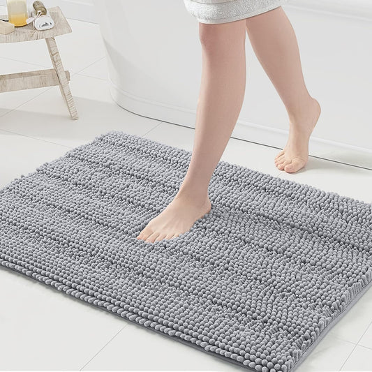 Grandaily Chenille Striped Bathroom Rugs 36x24, Extra Thick and Absorbent Bath Mats, Non-Slip Soft Plush Shaggy Shower Carpet, Machine Wash Dry, Bath Rug for Bathroom, (Large, Light Grey)