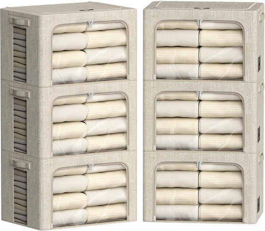 FHSQX 6 Pack Clothes Storage Bins with Metal Frame Foldable Storage Bins for Clothes Linen Fabric Storage Box with Clear Window (Beige, 15.7x11.8x7.8inch(22L))