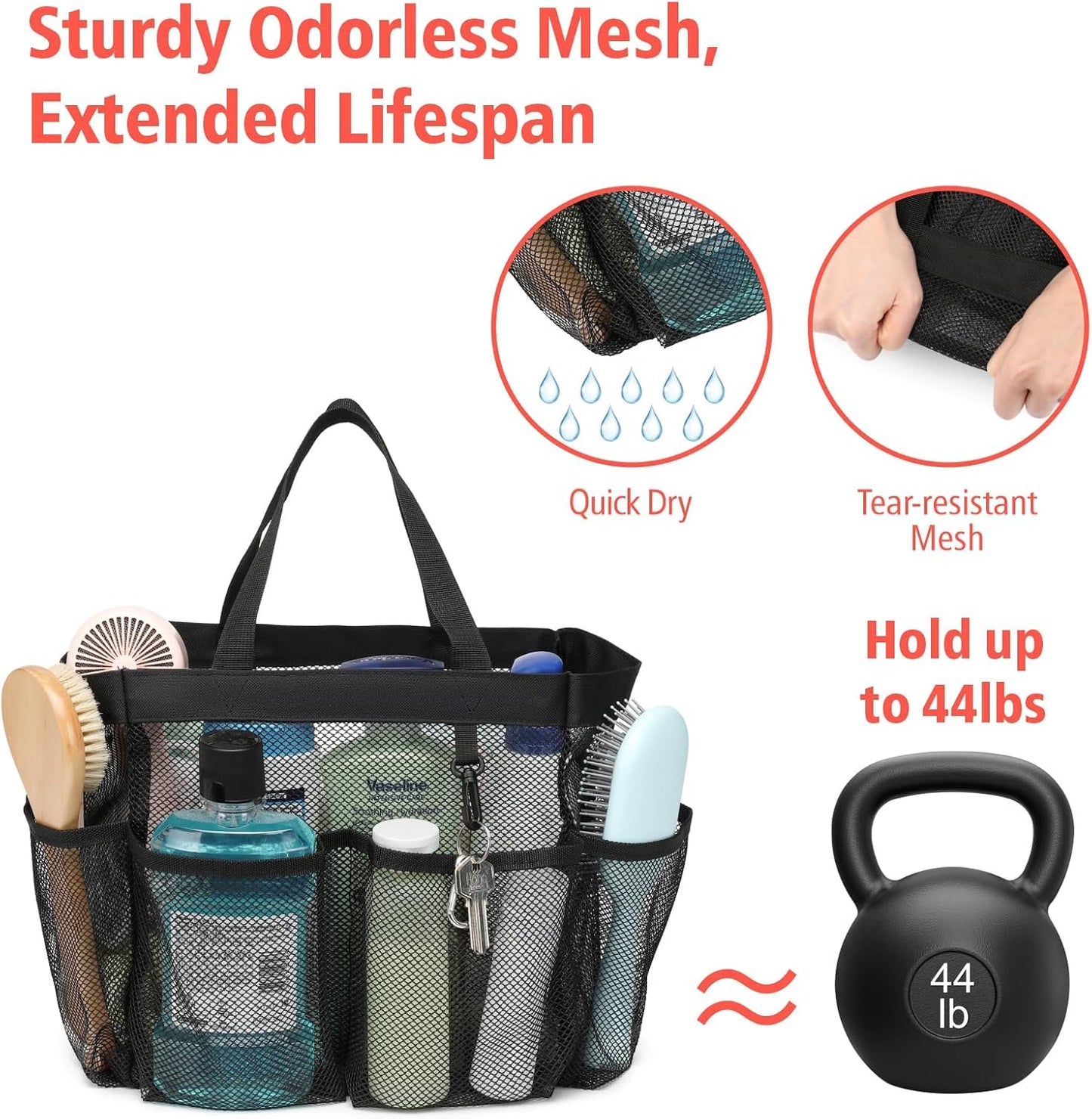 F-color Mesh Shower Caddy Portable with 2 Pack Name Tags, Upgrade Deeper 7 Pockets Shower Bag Tote for College Dorm Room Toiletry Bathroom Essentials Gym Camp Quick Dry 2 handles with S Hook, Black