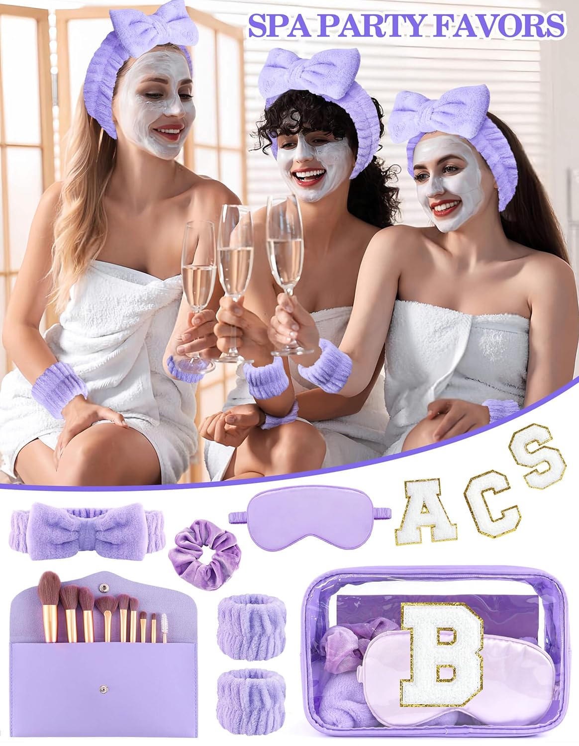 Gift Sets for Women, Initial Makeup Bag with Makeup Brush Set Bachelorette Party Favors, Purple Spa Kit with Skincare Headbands Wrist Bands Sleepover Party Supplies Gifts for Teen Girls Bridesmaid B