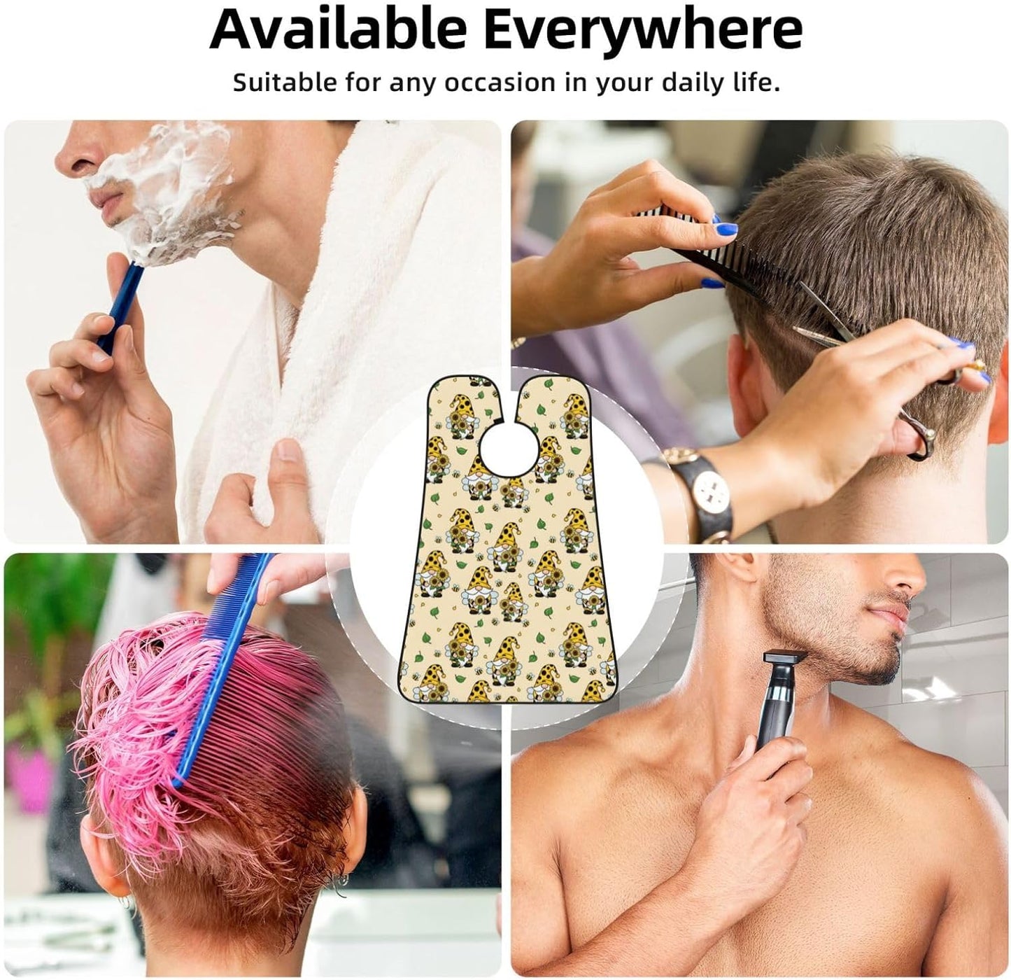 Strong Suction Cup Beard Grooming Bib, Non-Stick Hair Catcher, Waterproof, for Shaving, Gnomes Bees and Sunflowers