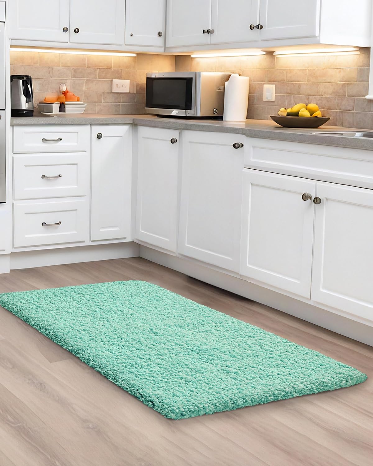 ILANGO Spa Blue Bathroom Rugs 24" × 17" Small Non Slip & Super Absorbent Extra Thick Soft, Washable Bath Mat for Floor, Microfiber Plush Shaggy Bath Rug with Rubber for Bathtub Shower Room Sink