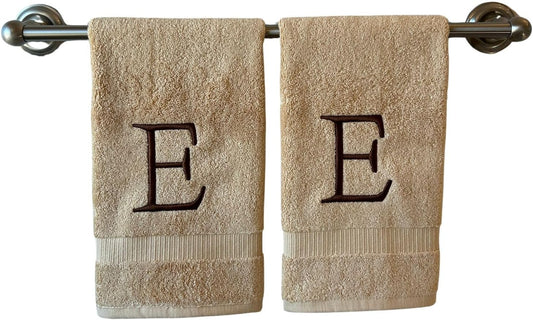 Beige Initial Hand Towel for Bathroom - Monogrammed Luxury Hotel Quality Decorative Embroidered Towel for Powder Room, Spa - GOTS Organic Certified - Set of 2 Brown Letter E