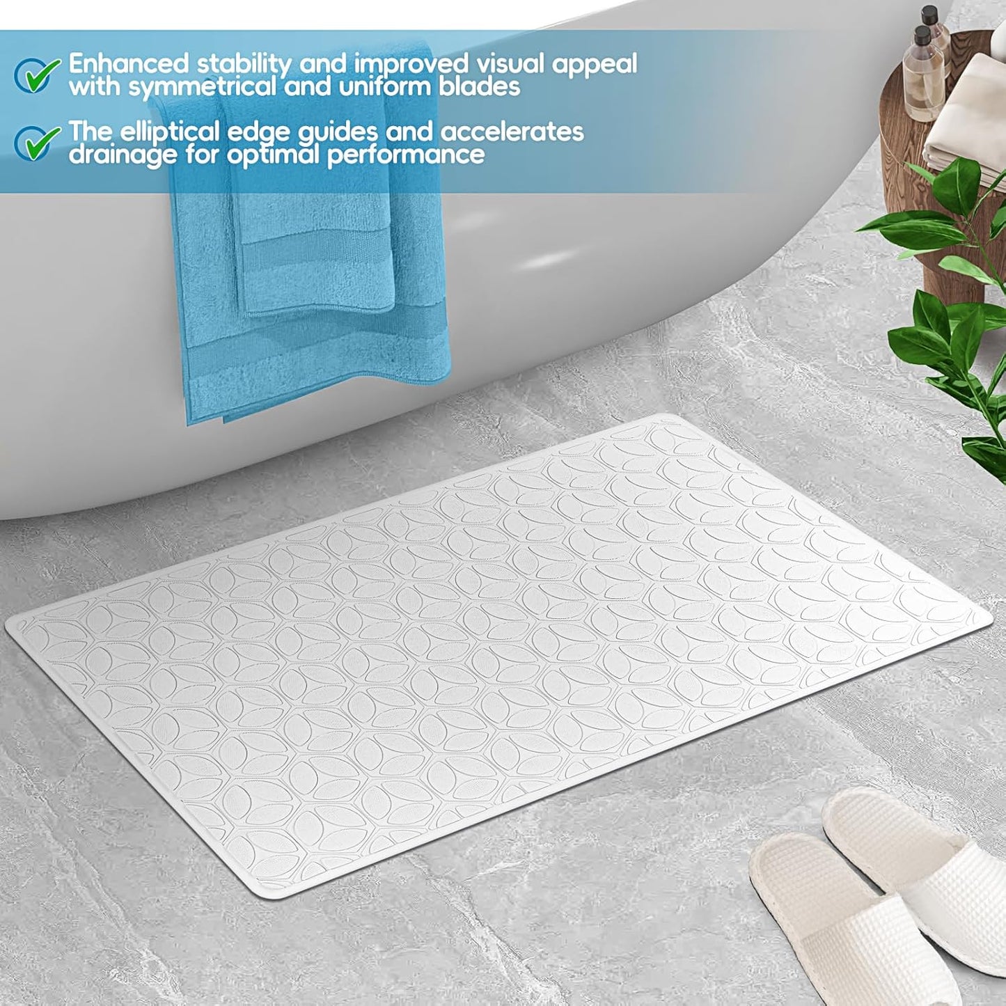 WRISIN Bathtub Mat Non Slip with Suction Cups - 100% Rubber Bathroom Mat Textured for Bath Tub Shower Safety - Soft on Touch - BPA/PVC Free - Pet Dog Bath Mat - Machine Washable - 17 × 35 Inch（White）