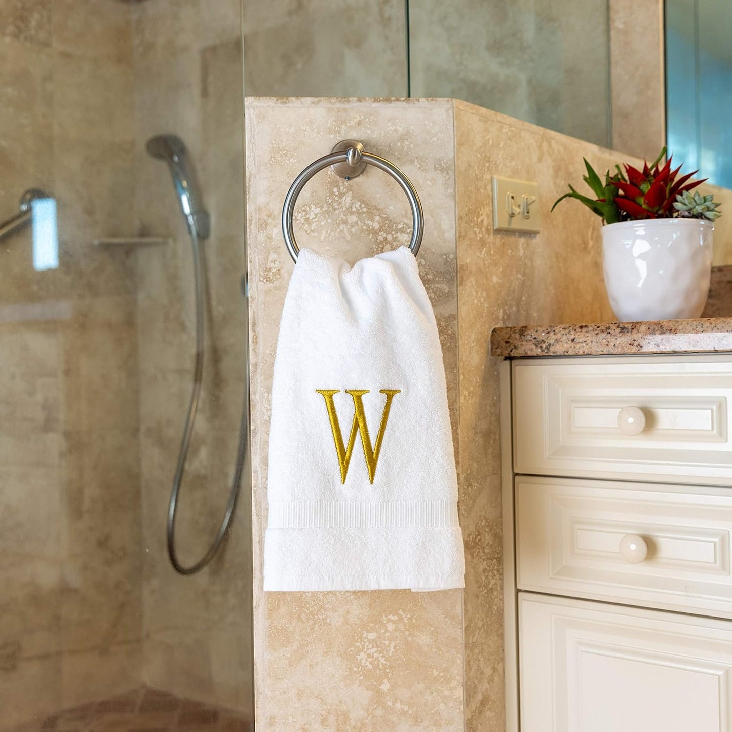 Monogrammed Hand Towels for Bathroom - Luxury Hotel Quality Personalized Initial Decorative Embroidered Bath Towel for Powder Room, Spa - GOTS Organic Certified - Set of 2 Gold Letter W
