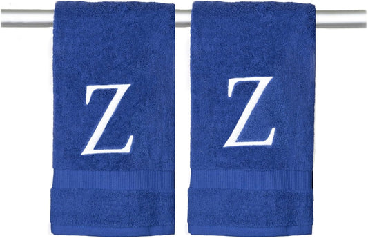 Navy Monogram Hand Towel for Bathroom - Monogrammed Initial Hotel Quality Decorative Embroidered Luxury Towel for Powder Room, Spa - GOTS Organic Certified - Pack of 2, Letter Z