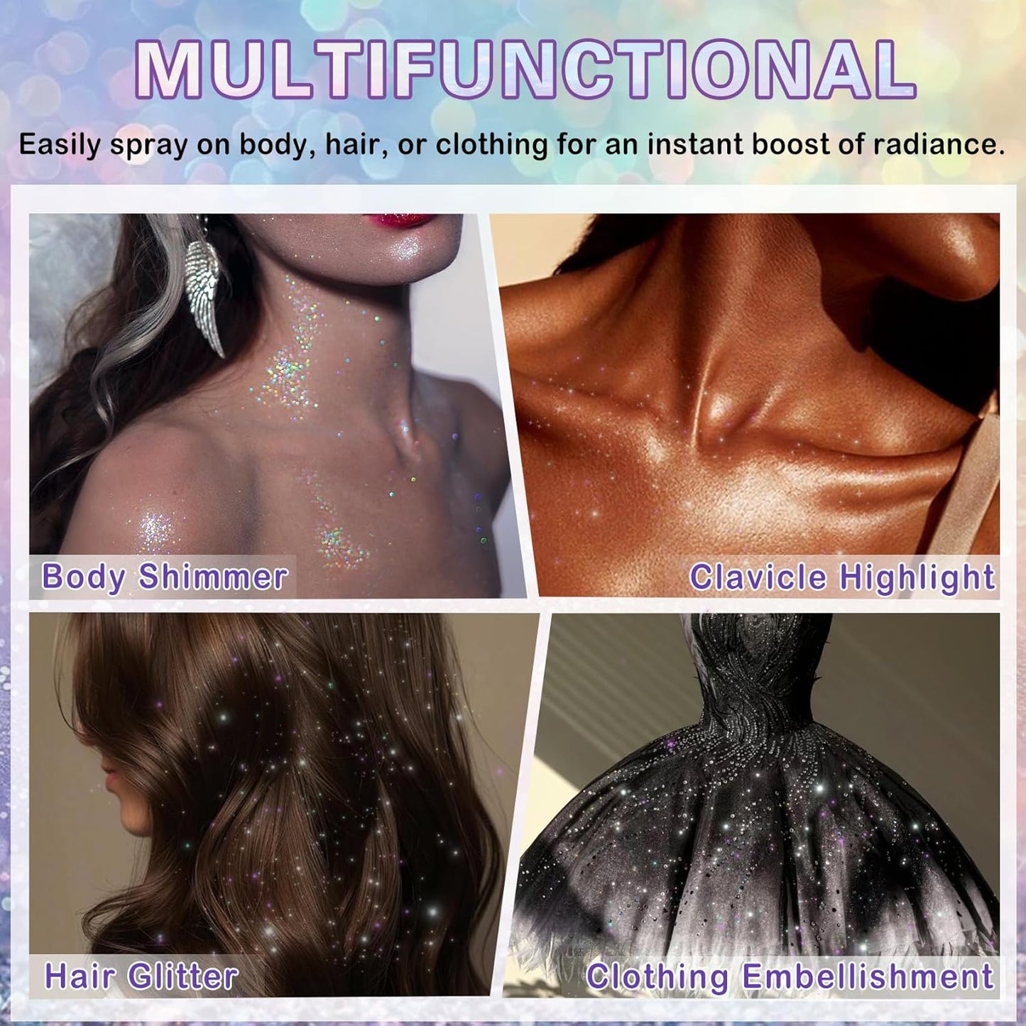 Body Glitter Spray,150ML Glitter Hairspray,Long-Lasting and Quick-Drying,Shimmer Spray for Kids Women,Suitable for Festival Music Concert Party,4.2 Fl Oz (Rainy-Rainbow)