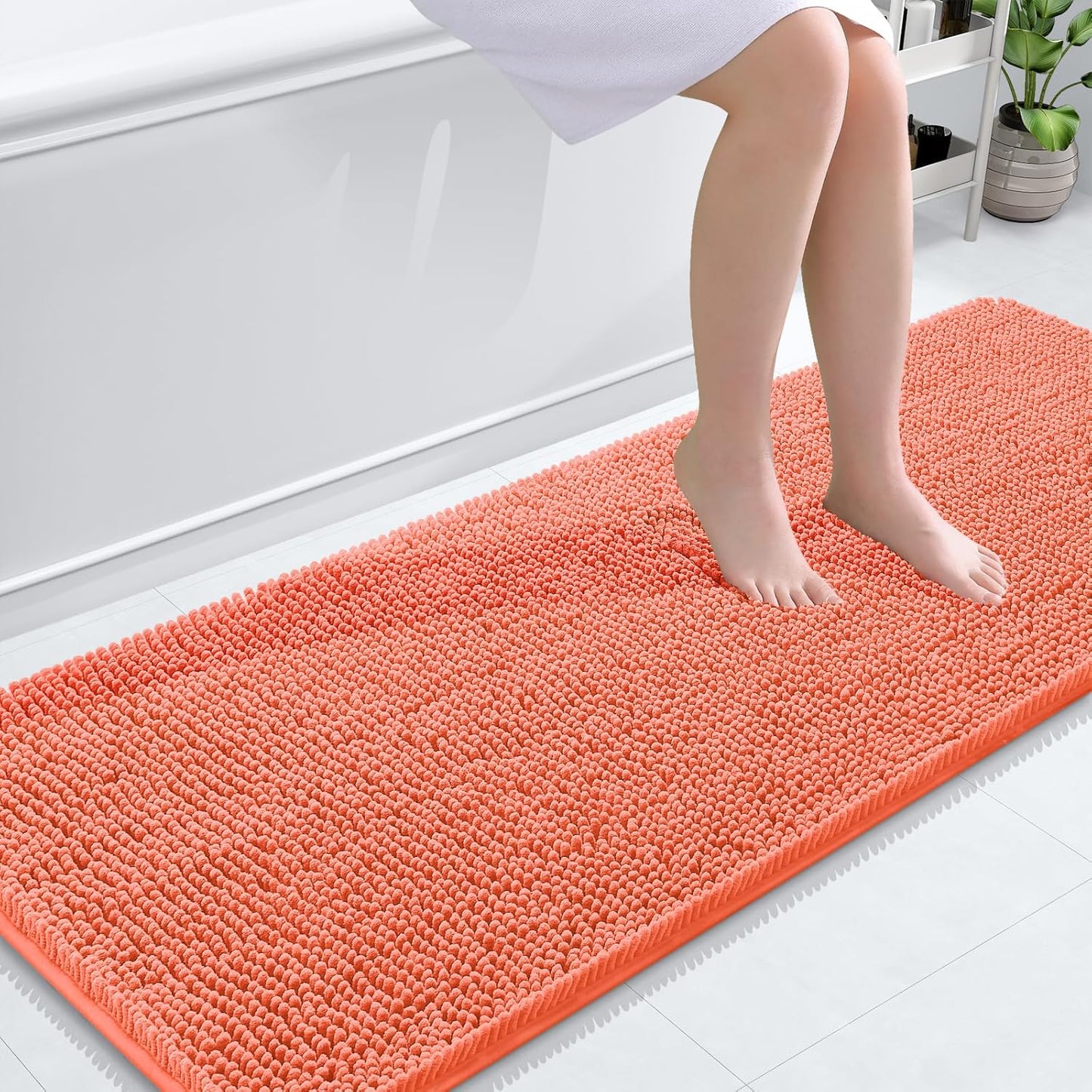 OLANLY Bathroom Rugs 59x24, Extra Soft Absorbent Chenille Bath Rugs, Rubber Backing Quick Dry, Machine Washable Bath Mats for Bathroom Floor, Tub and Shower, Home Decor Accessories, Coral