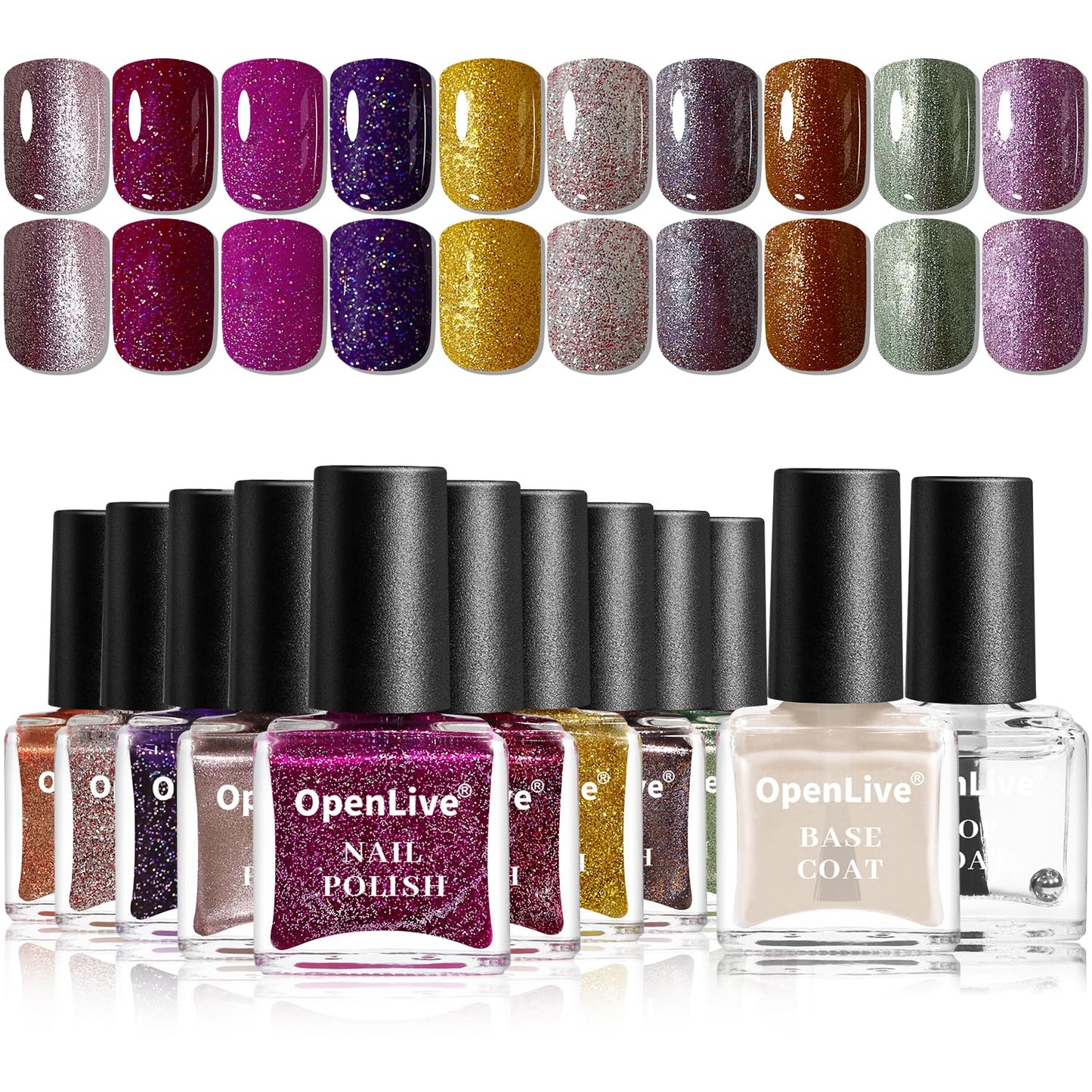 Glitter Nail Polish Set, 10 Color With 2PCS Base and Top Coat Nail Polish