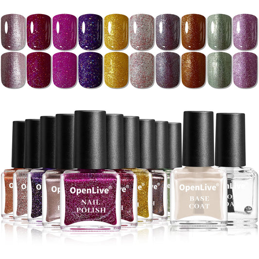 Glitter Nail Polish Set, 10 Color With 2PCS Base and Top Coat Nail Polish