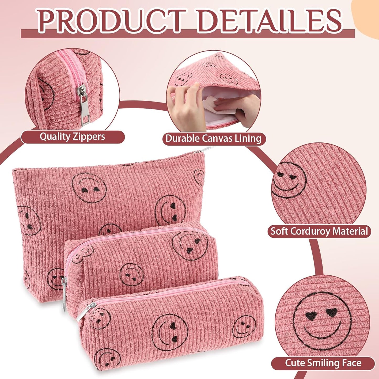 3 Pcs Makeup Bag Set for Women Corduroy Cosmetic Pouch Aesthetic Smile Travel Toiletry Bag Cute Purse Pouch Pencil Case Makeup Brushes Storage Organizer for Christmas(Pink,Smile Face)