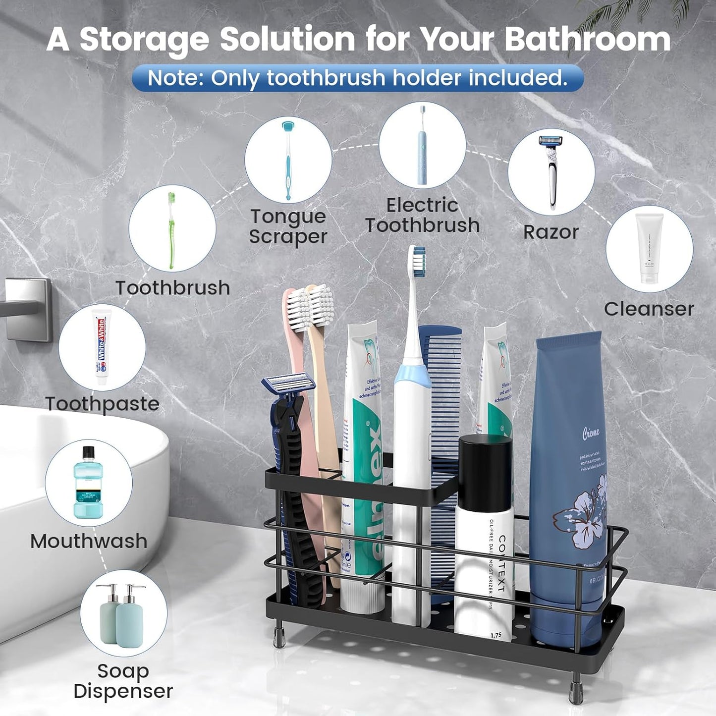 Luxspire Toothbrush Holders, 6 Slots Stainless Steel Tooth Brush Holder with Drainage, Toothbrush Holder for Bathroom Countertop & Kitchen Sink, Bathroom Accessories, Black