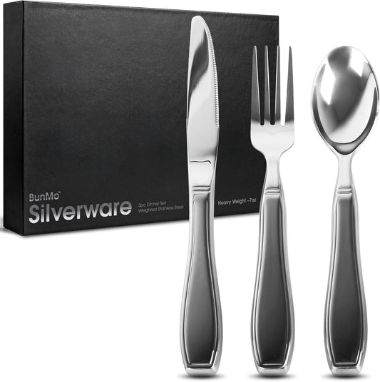 BUNMO Weighted Utensils for Hand Tremors - Elderly, Weak Hand Grip & Handicapped - Stainless Steel - Eat Independently - Weighted 3 Piece Set
