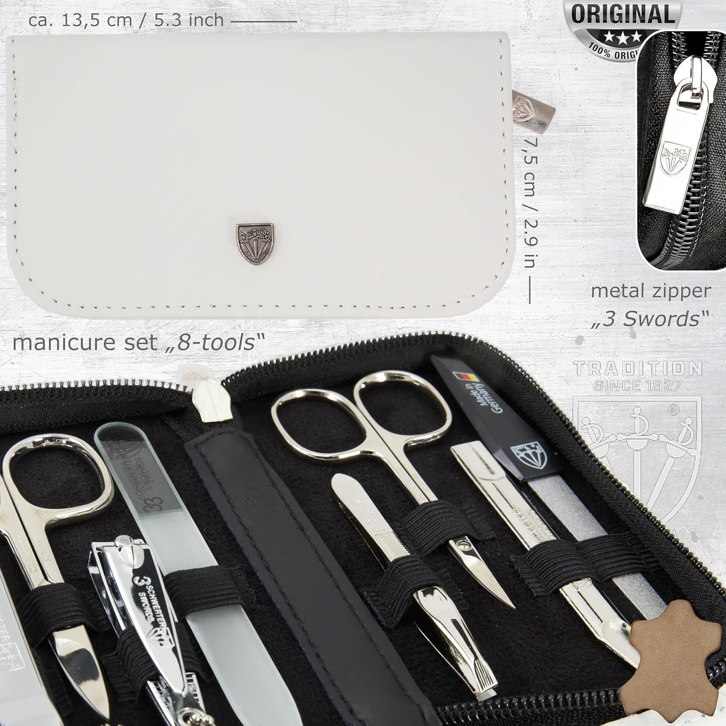 Swords Germany - brand quality 8 piece manicure pedicure grooming kit set for professional nail care genuine leather case white - Made in Germany
