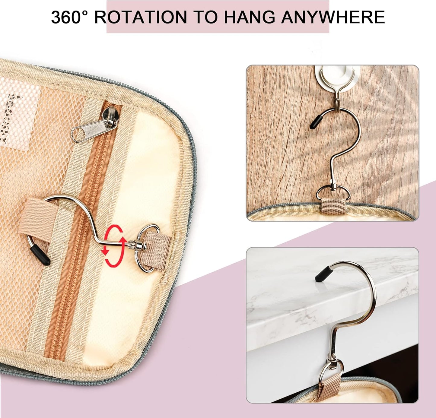 Extra Large Toiletry Bag for Women and Men, 6 Organizer Compartments, Holds Full Size Shampoo, with Hanging Hook Cosmetic Bag, Travel Makeup Bag, Bathroom Water-resistant Toiletries Bag, Rose Red