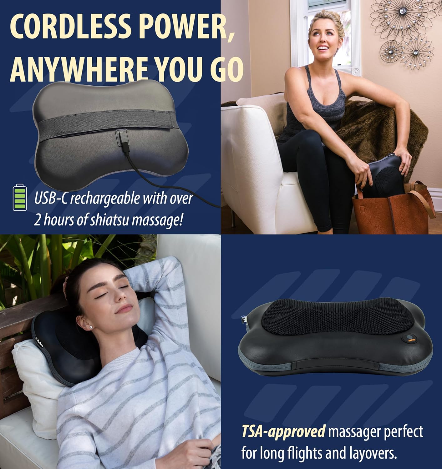 Zyllion Shiatsu Back and Neck Massager with Heat - Cordless Rechargeable 3D Electric Kneading Deep Tissue Massage Pillow for Muscle Pain Relief, Black, ZMA-13RB