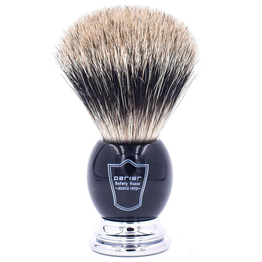 Parker Pure Badger Shaving Brush with Black & Chrome Handle + Stand | 22mm Knot for Cream or Soap | Handcrafted Wet Shaving Brush for Men | Premium Grooming Tool | Iconic Brand