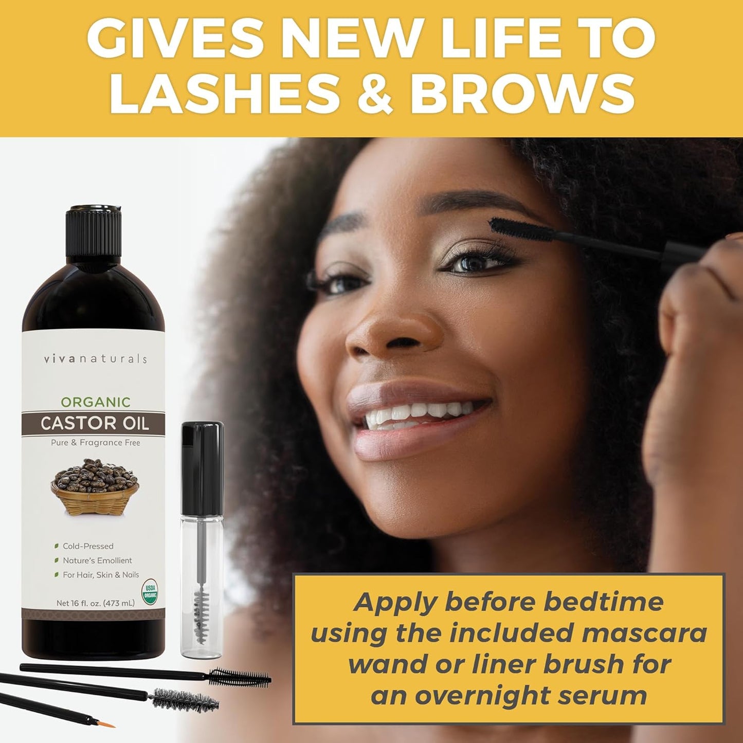 Viva Naturals Cold pressed Organic Castor Oil 16 fl oz - Castor Oil for Face, Eyelashes, Traditional Eyebrow Serum, Hair Oil - Certified Organic & Non-GMO