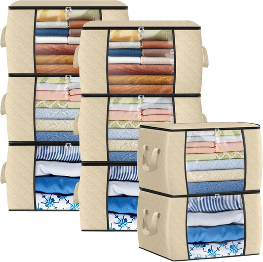 Fab totes 24 Gallons Clothes Storage, Foldable Thick Fabric Blanket Storage Bags, Containers for Organizing Bedroom, Closet, Clothing, Comforter, Organization with Handle (8 Pack,Beige)