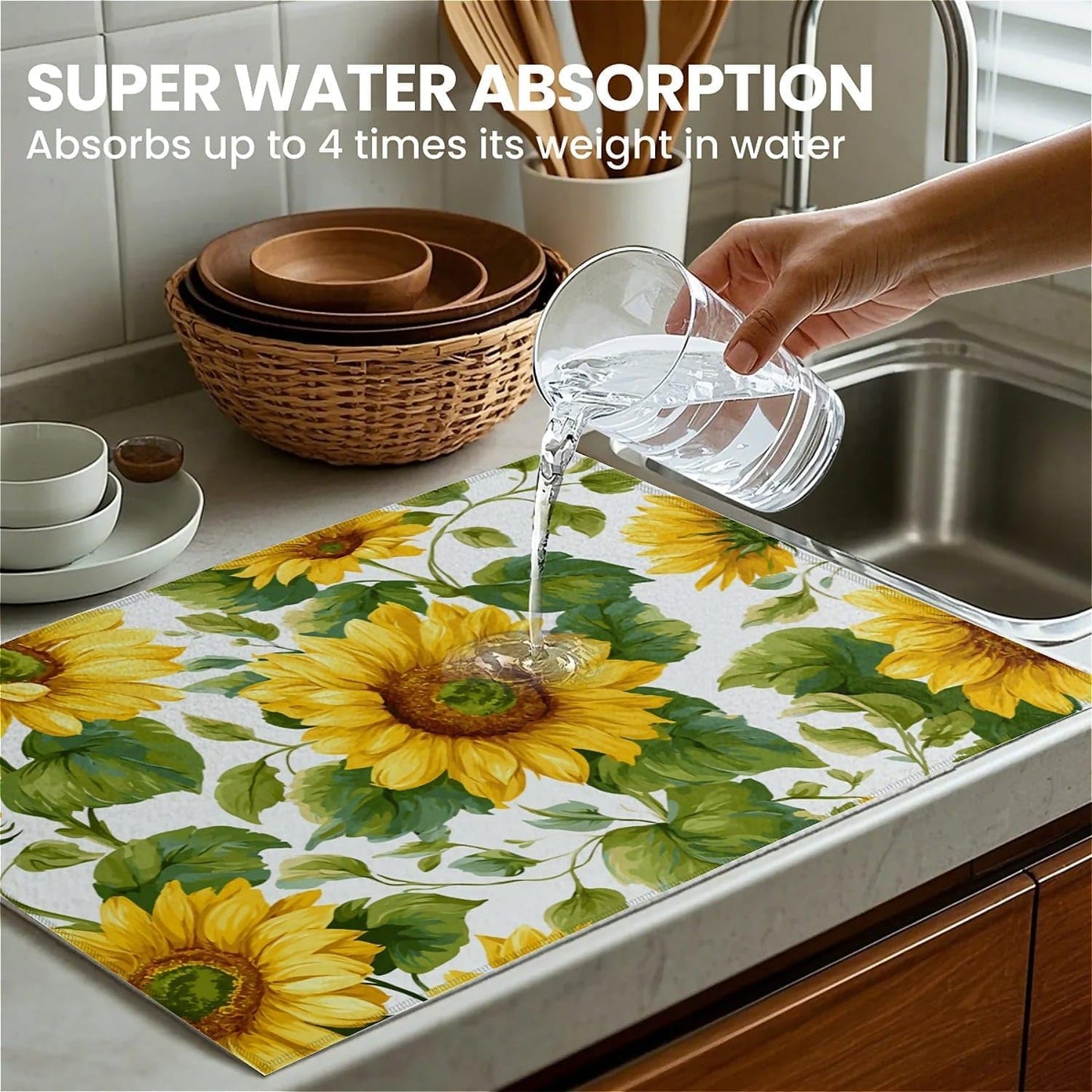 Dish Drying Mat For Kitchen Counter, Summer Sunflowers Microfiber Absorbent Dish Drainer Rack Pad Reusable Large 18x24in Drying Mat