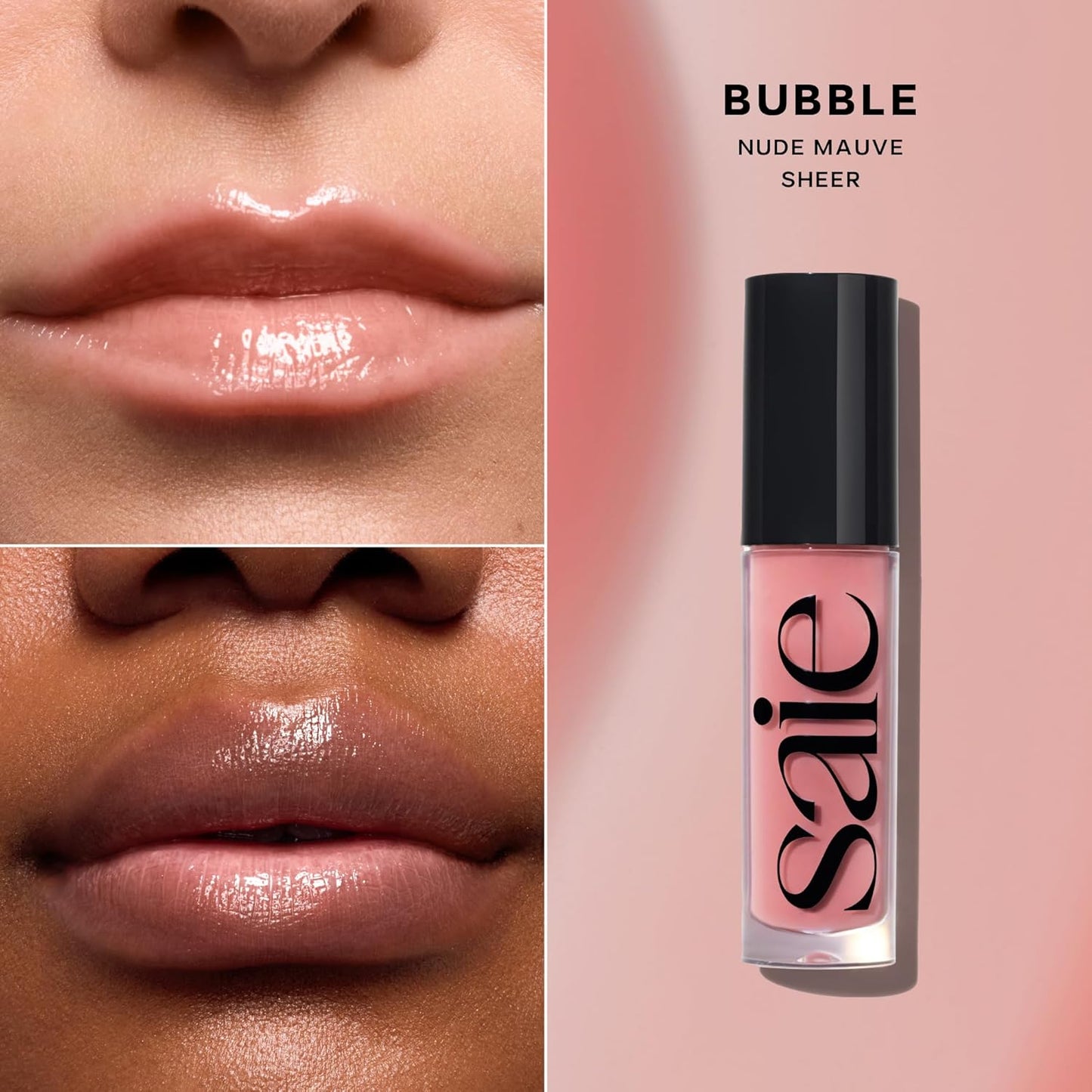 Saie Glossybounce - Hydrating Lip Gloss and Tinted Lip Oil Hybrid with Hyaluronic Acid & Jojoba Oil for Non-Sticky, Ultra-Shiny, Plump & Soft Lips - Everyday Makeup Essential - Bubble (.17 oz)