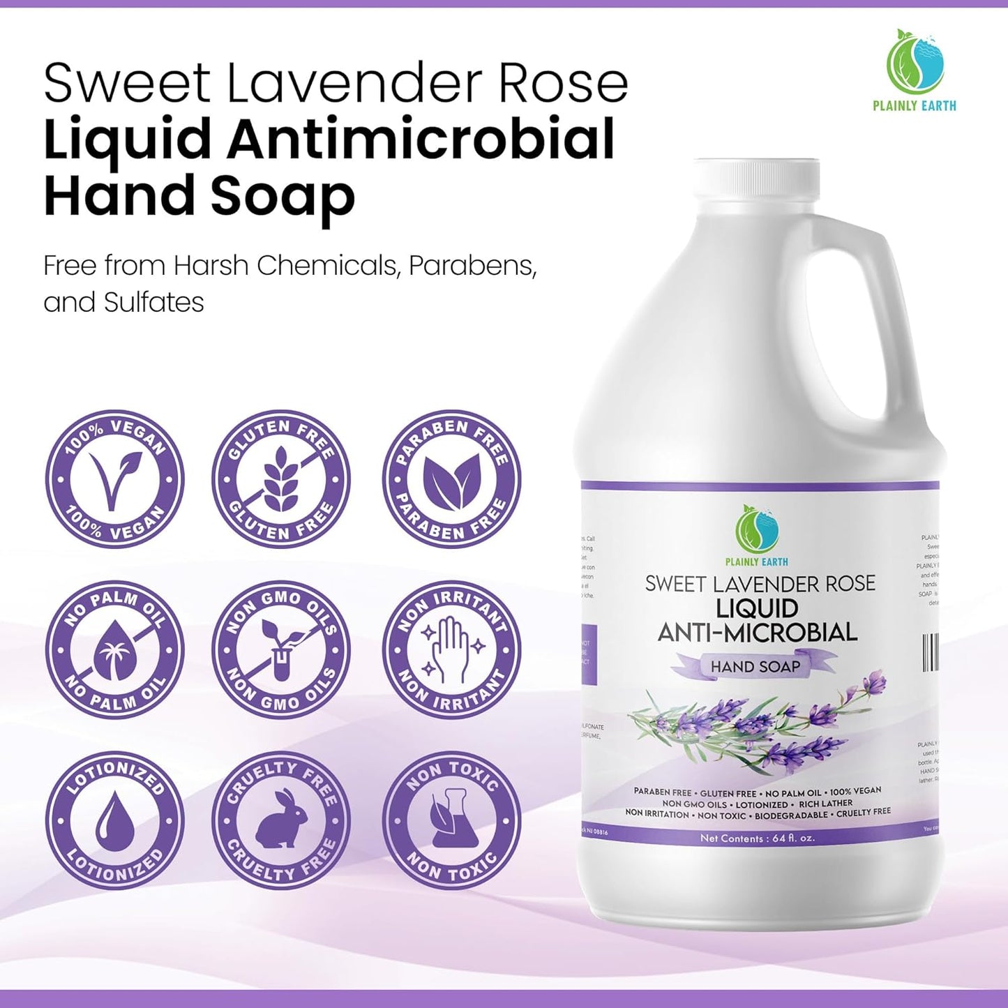 AntiMicrobial Hand Soap 64 oz - Soft and Gentle Sweet Lavender Rose Antibacterial Hand Wash Soap, Long Lasting Freshness & Safe for Skin - Eco Friendly Bulk Refill Packaging