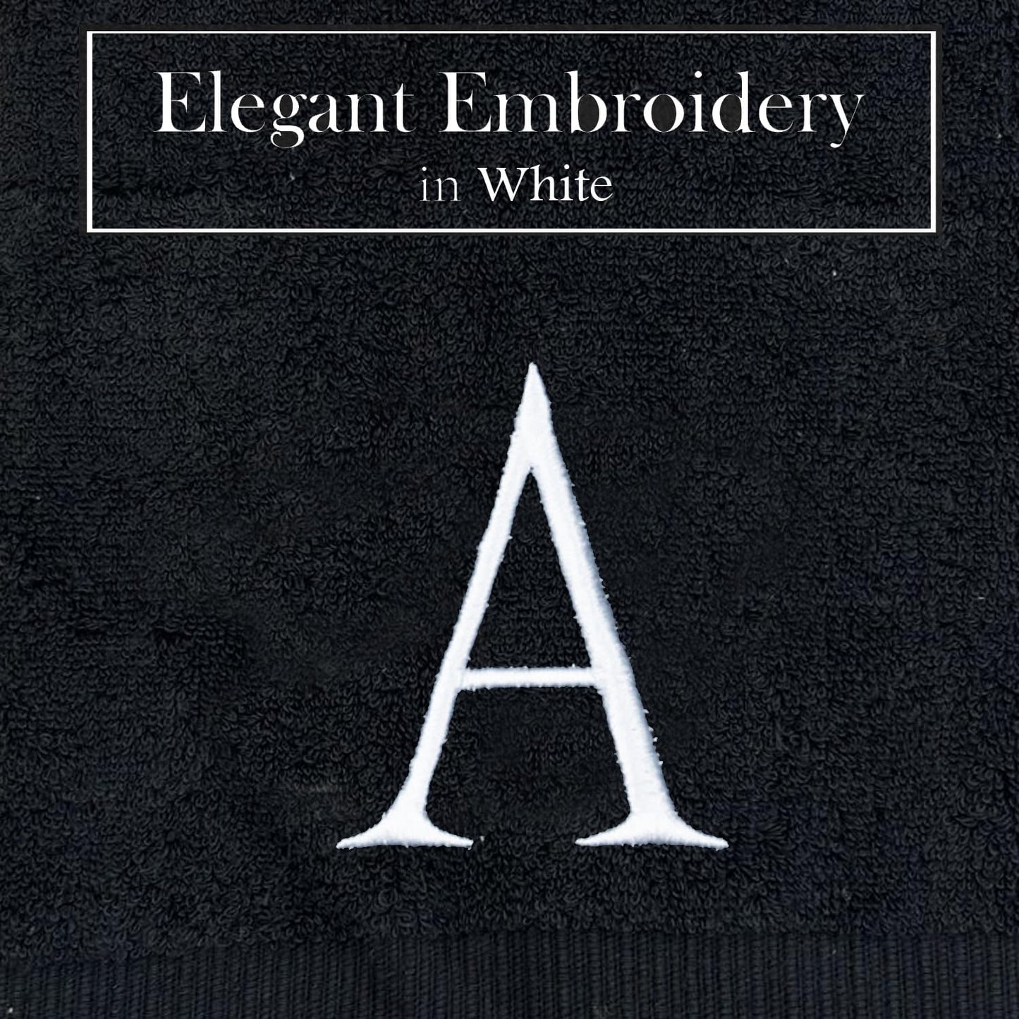 Black Monogrammed Hand Towels for Bathroom- Black and White Luxury Hotel Quality Personalized Initial Decorative Embroidered for Powder Room, Spa-GOTS Organic Certified - Pack of 2, Letter A