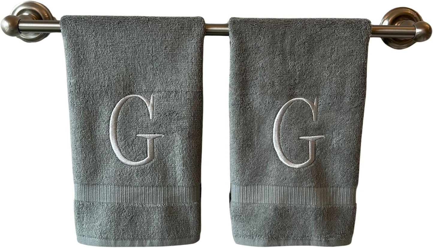 Gray Initial Hand Towel for Bathroom - Monogrammed Luxury Hotel Quality Decorative Embroidered Towel for Powder Room, Spa - GOTS Organic Certified - Set of 2 Silver Letter G