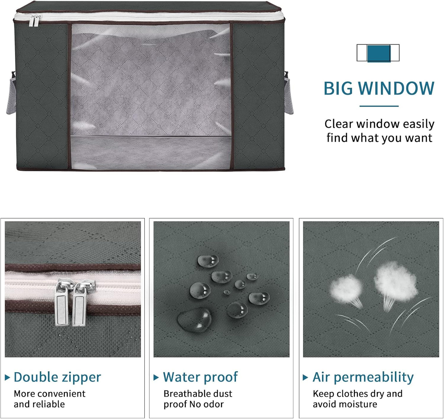 Large Storage Bags, 4 Pack Clothes Storage Bins Foldable Closet Organizers Storage Containers with Durable Handles Thick Fabric for Blanket Comforter Clothing Bedding 90 L (Gray)