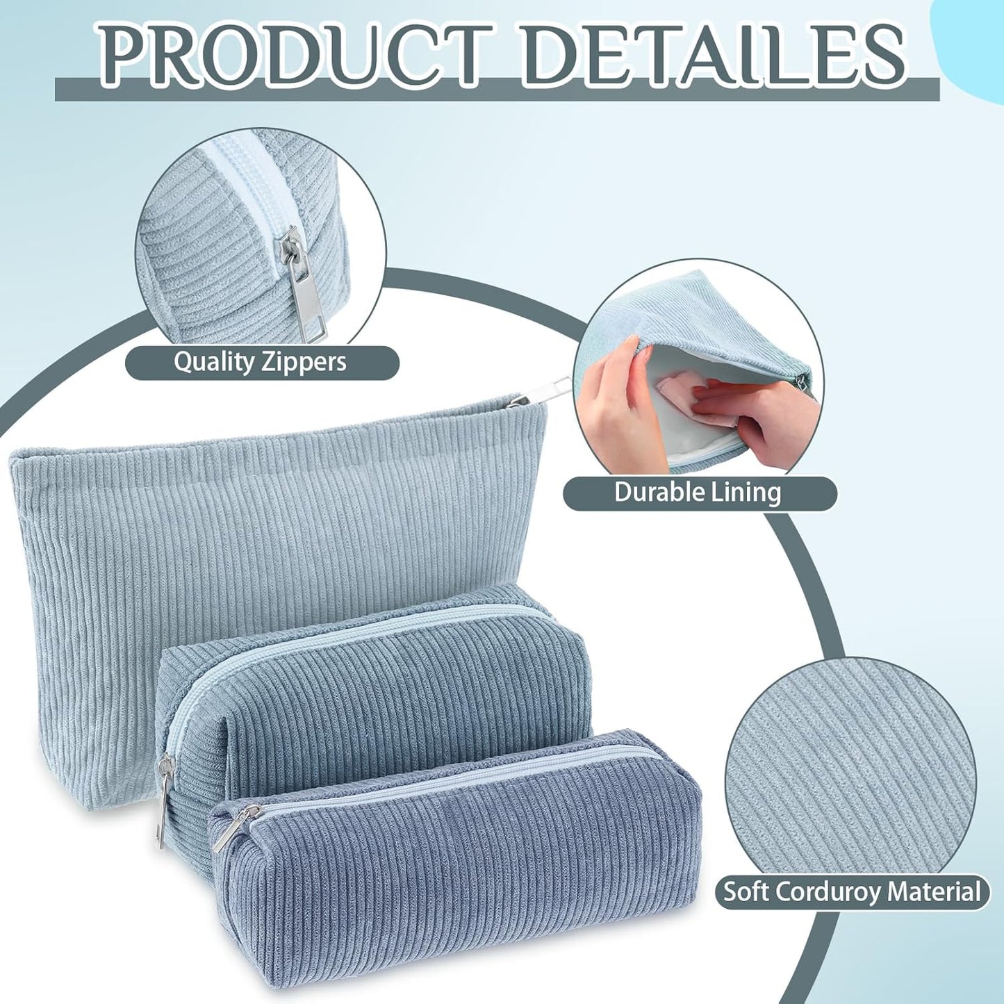 3 Pcs Makeup Bag Set for Women Corduroy Cosmetic Pouch Aesthetic Smile Travel Toiletry Bag Cute Purse Pouch Pencil Case Makeup Brushes Storage Organizer for Christmas(Blue,Gradient)