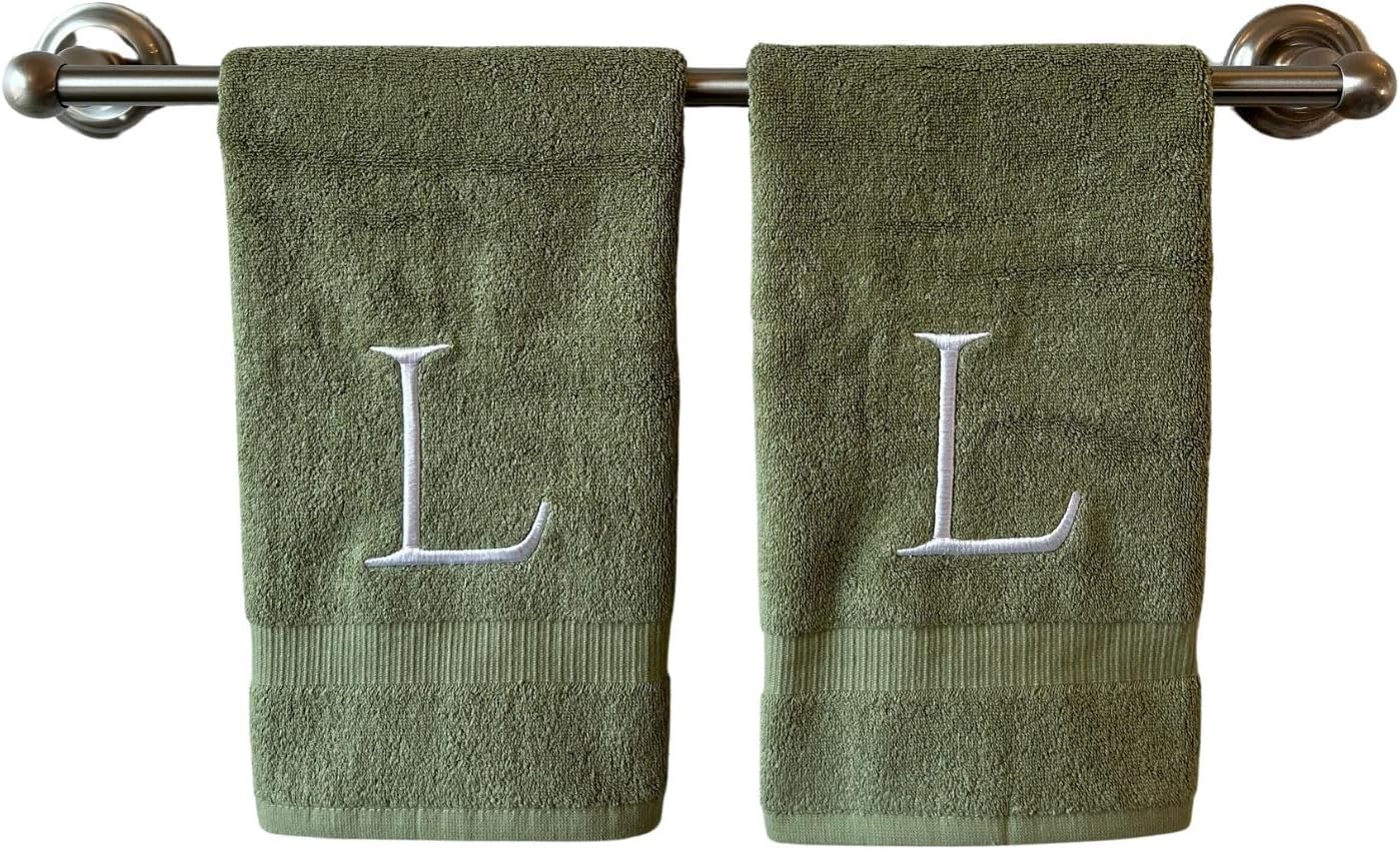 Sage Initial Hand Towel for Bathroom - Monogrammed Luxury Hotel Quality Decorative Embroidered Towel for Powder Room, Spa - GOTS Organic Certified - Set of 2 Letter L