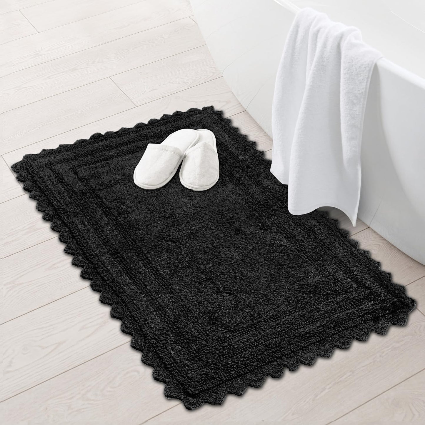 RAJRANG Black Cotton Bath Mat | Rectangle 34x21 Inches Soft Reversible Boho Rug with Crochet Detailing for Bathroom, Kitchen, or Spa | Absorbent and Washable Floor Mat