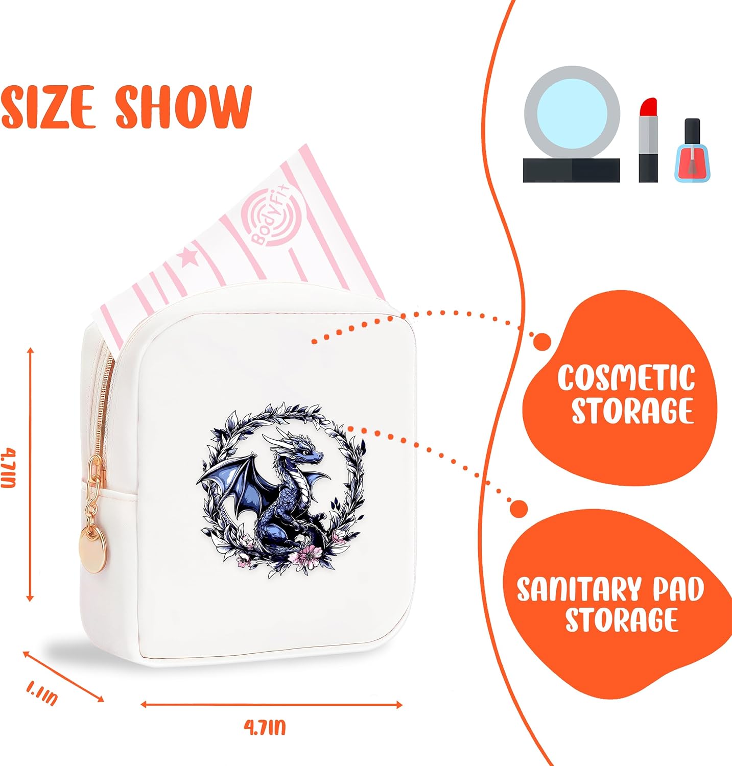 Dragon Mini Makeup Bag, Dragon Gift For Women Girls, Cute Portable Zipper Pouch Cosmetic Bag For Teen Girls Kids, Small Storage Bag For Sanitary Pad, Period napkin bag!