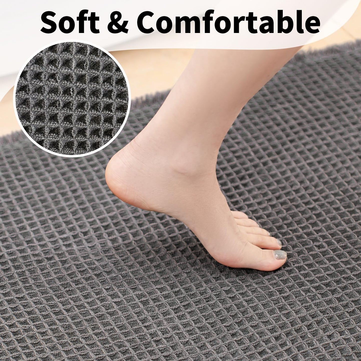 Waffle Bath Mat - Boho Bathroom Rugs Non Slip Washable, Super Absorbent & Quick Dry, Small Bath Mats Farmhouse Bathroom Decor, 18'' x 30'', Dark Grey