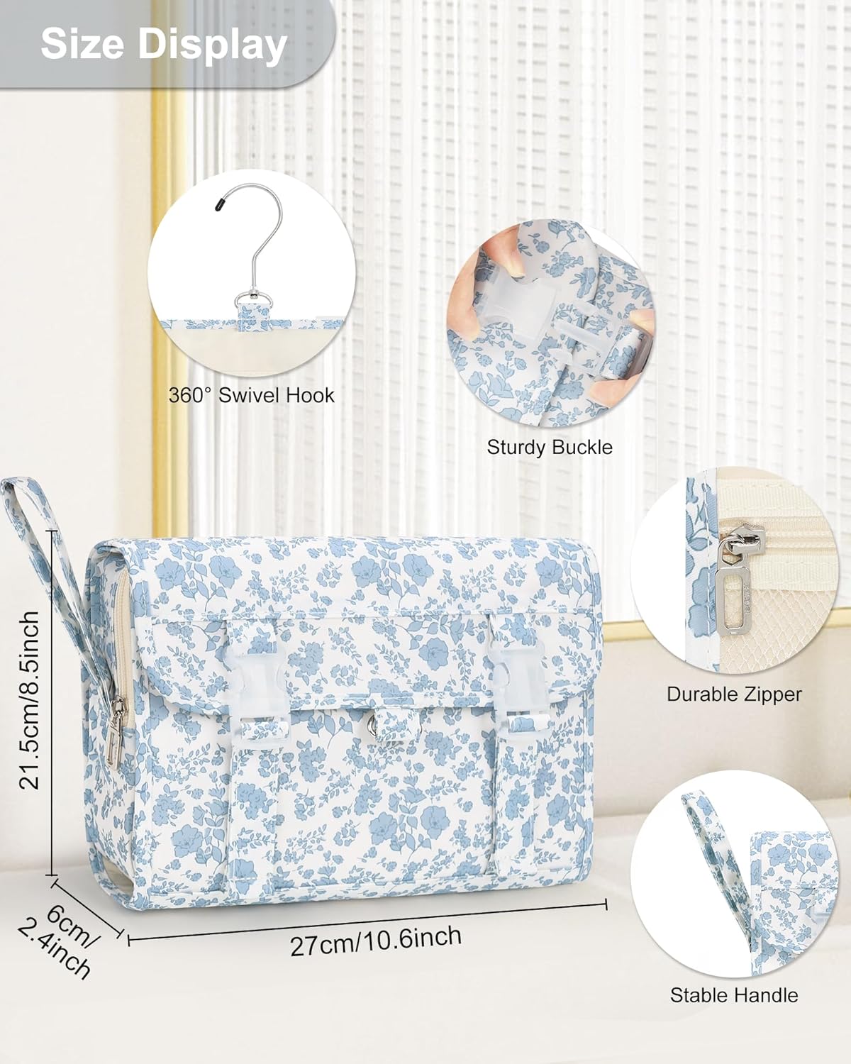 Hanging Toiletry Bag, Travel Toiletries Bag with Hanging Hook, Water Resistant Makeup Cosmetic Organizer for Full Sized Container, Shampoo, Portable Wash Bag for Travel Size Essentials - Blue Flower