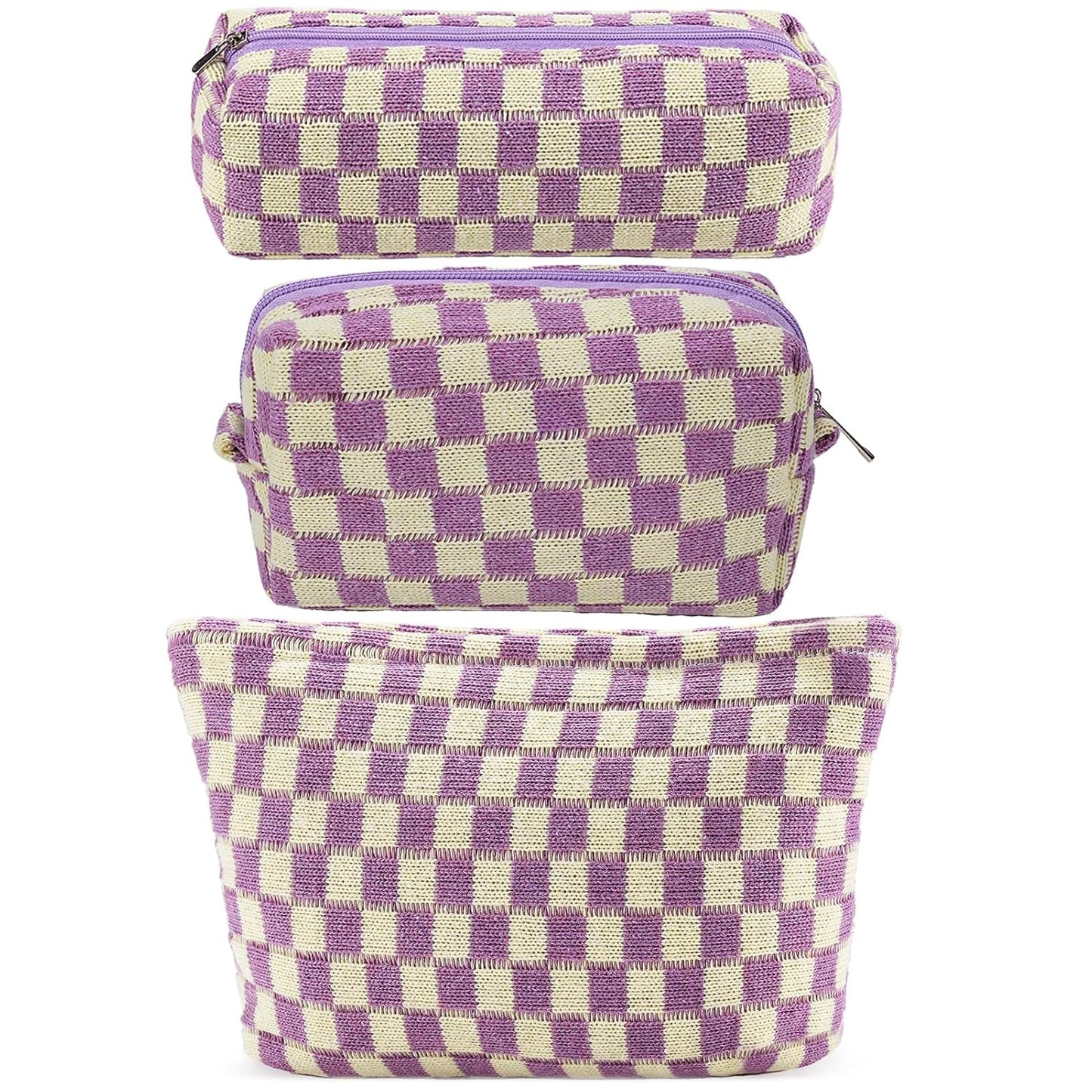 ZLFSRQ 3Pcs Checkered Makeup Bag for Women Large Small Checkered Cosmetic Bag Set Aesthetic Preppy Pencil Case Cute Pencil Pouch Purple Makeup Pouch for Purse Travel Toiletry Bags Zipper Skincare Bags