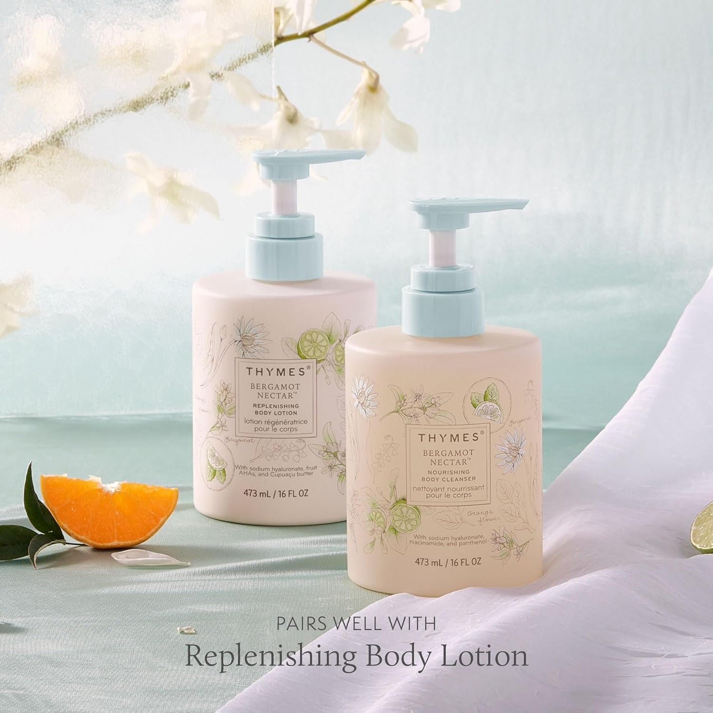 Thymes Nourishing Body Cleanser - Large Moisturizing Body Wash with Pump - Hydrating Cleanser - Notes of Bergamot, Orange Flower, Lemon, Lotus & Sandalwood. (Bergamot Nectar, 16 fl oz)