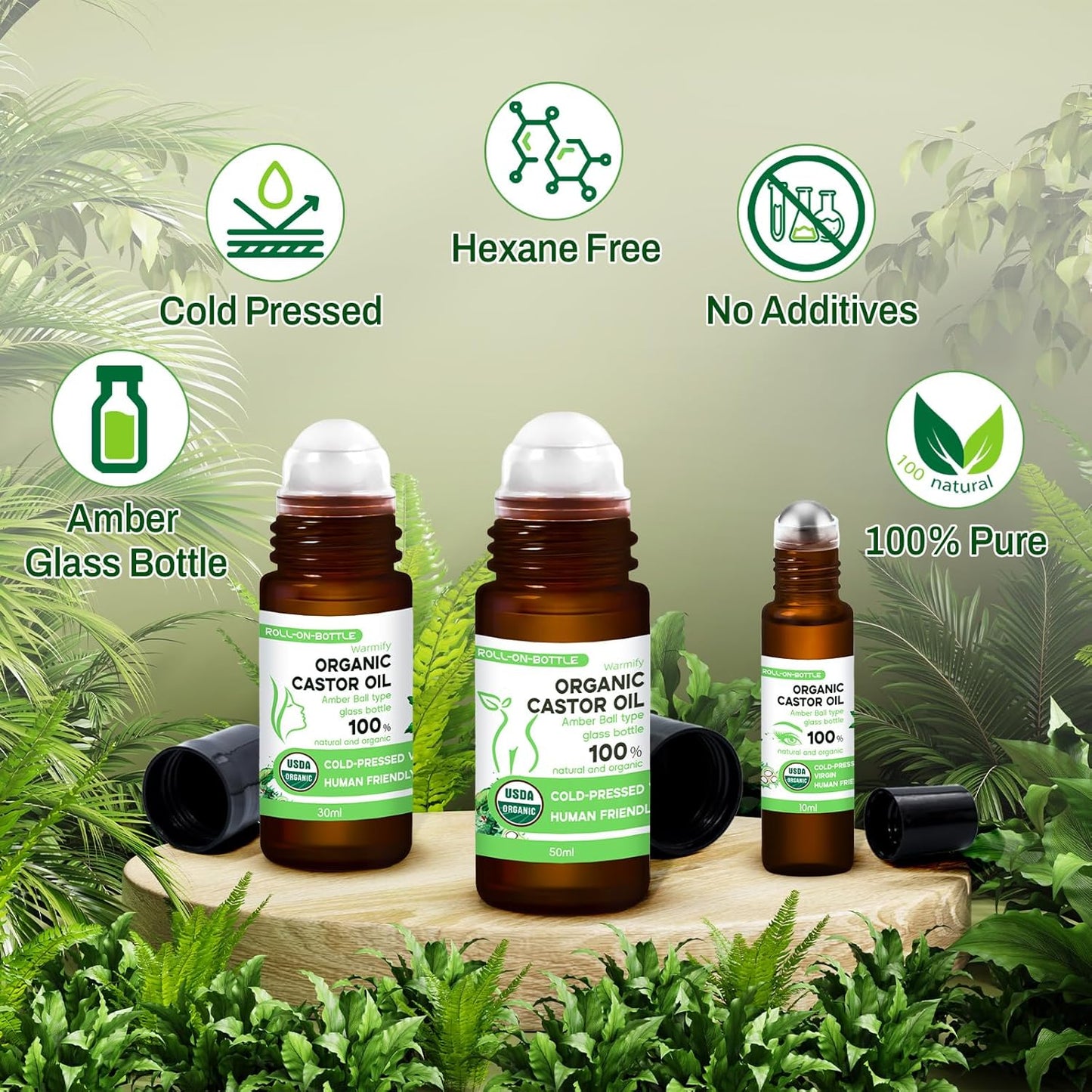 3-in-1 Castor Oil Roll on for Eye,Face,Body Skin,Certified Organic Cold Pressed Castor Oil Roller ball unrefined Glass Bottle,Precise & Mess-Free Application & Travel Friendly