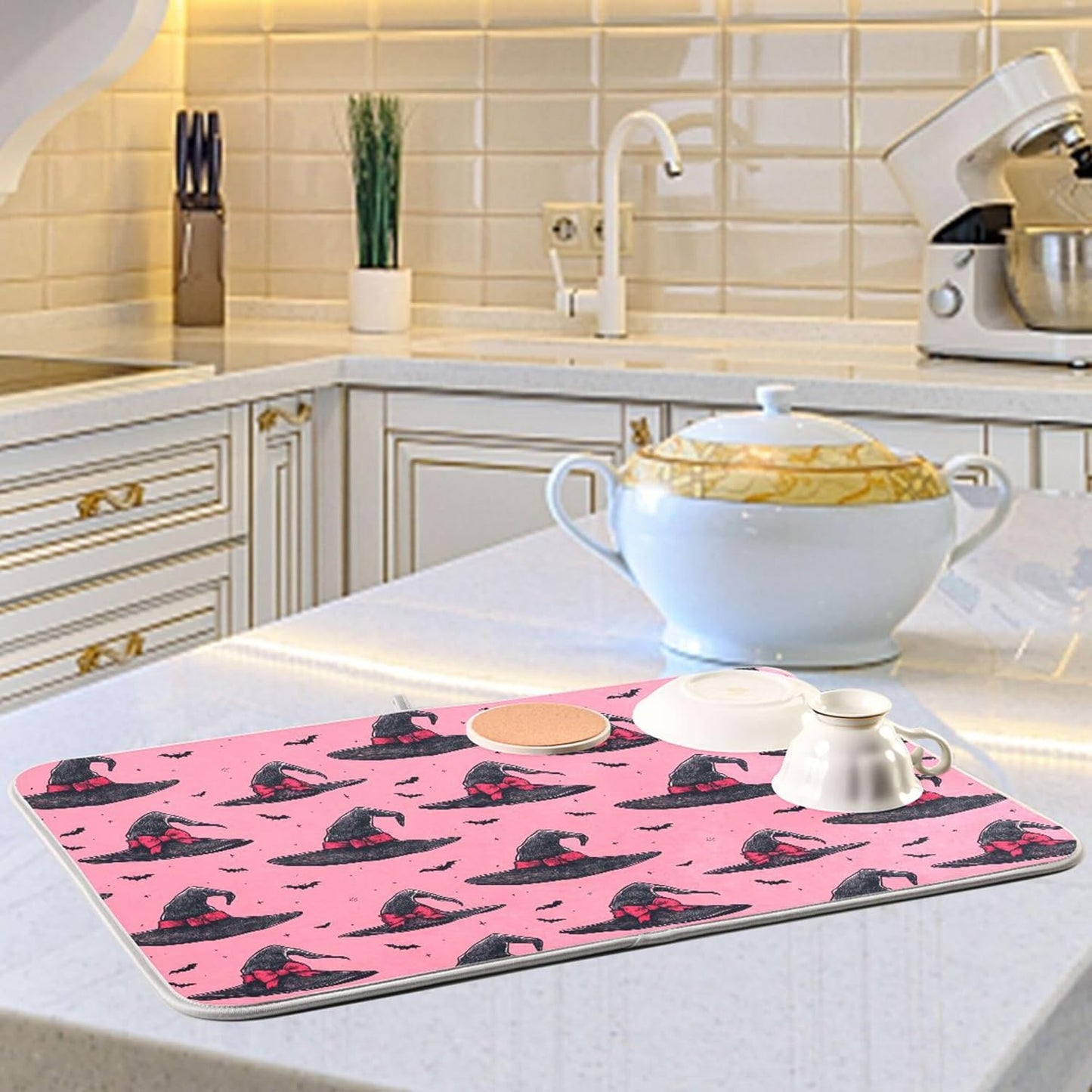 Witch Bow Hot Pink Dish Drying Mat for Kitchen Countertop 16x18 Halloween Bowknot Bat Small Drying Mat Reusable Quick Dry Dish Sink Mats Easy Clean Decorative Essentials