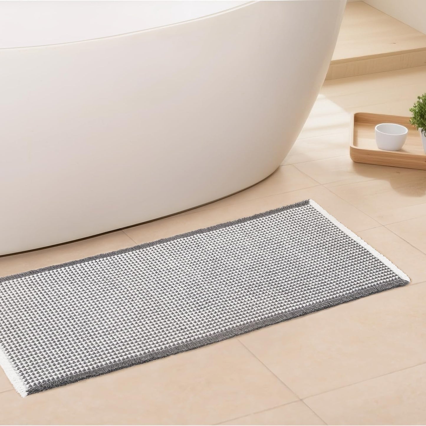 Waffle Runner Bath Mat - Long Boho Bathroom Rugs Non Slip Washable, Super Absorbent & Quick Dry, Soft Bath Mat Farmhouse Bathroom Decor, 24'' x 72'', Dark Grey and White