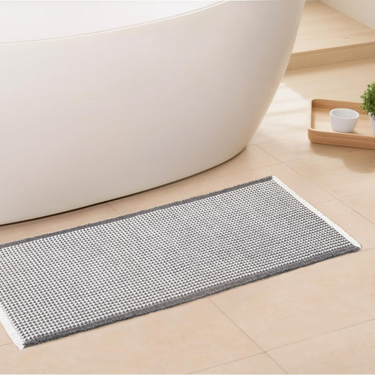 Waffle Runner Bath Mat - Long Boho Bathroom Rugs Non Slip Washable, Super Absorbent & Quick Dry, Soft Bath Mat Farmhouse Bathroom Decor, 24'' x 72'', Dark Grey and White