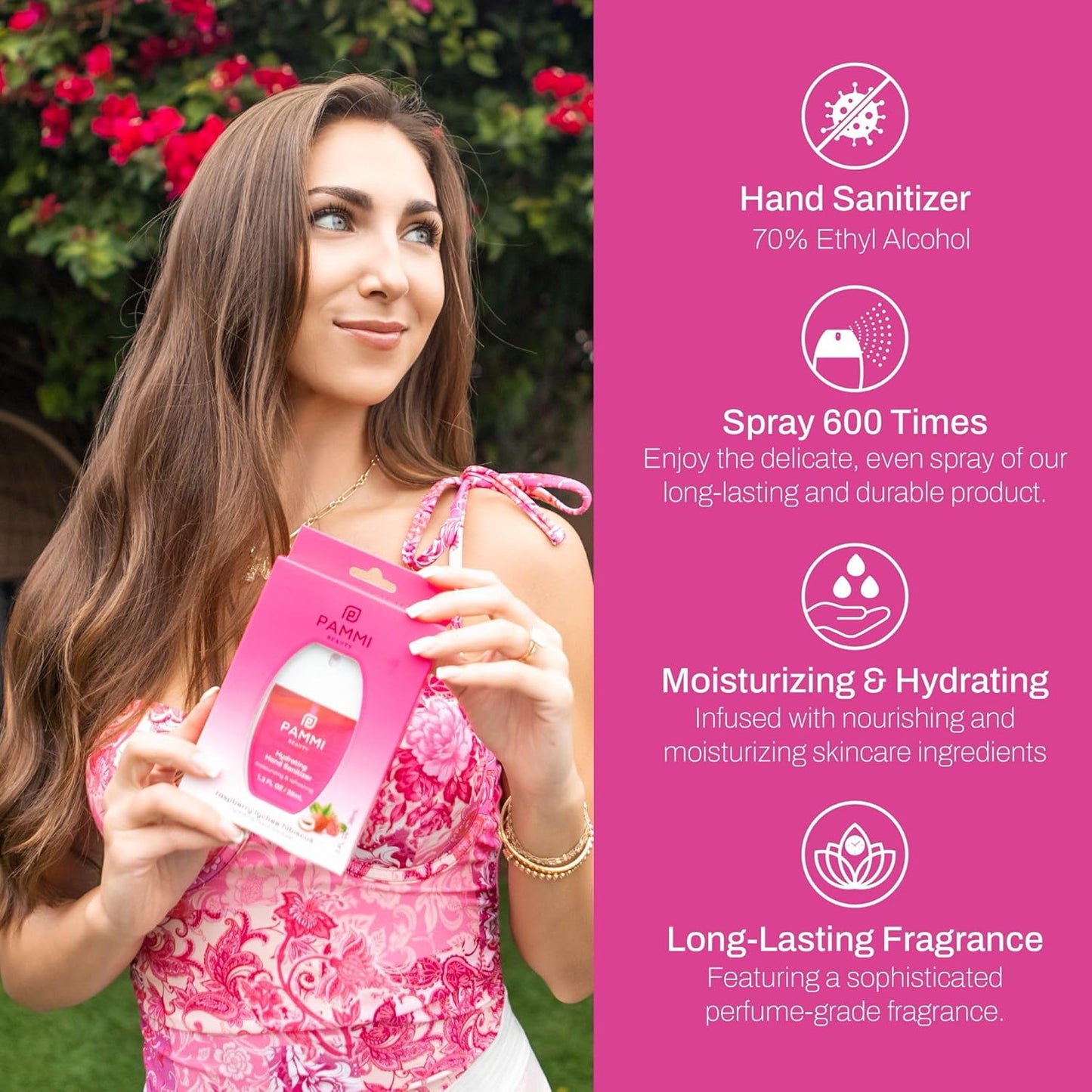 PAMMI Power Mist Hydrating Hand Sanitizer Spray, Portable Travel Size Pocket Hand Sanitizer, Scented Handsanitizer Mini Spray For Car - 600 Sprays (2 Packs (Raspberry Lychee, Strawberry Watermelon))