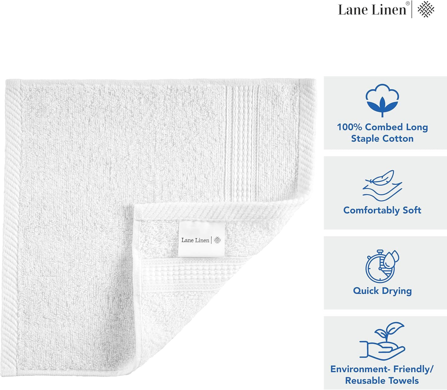 LANE LINEN 12 PC Wash Cloths Bathroom Set -100% Cotton Highly Absorbent Washcloths Bulk, Premium Spa & Hotel Quality Wash Clothes -White