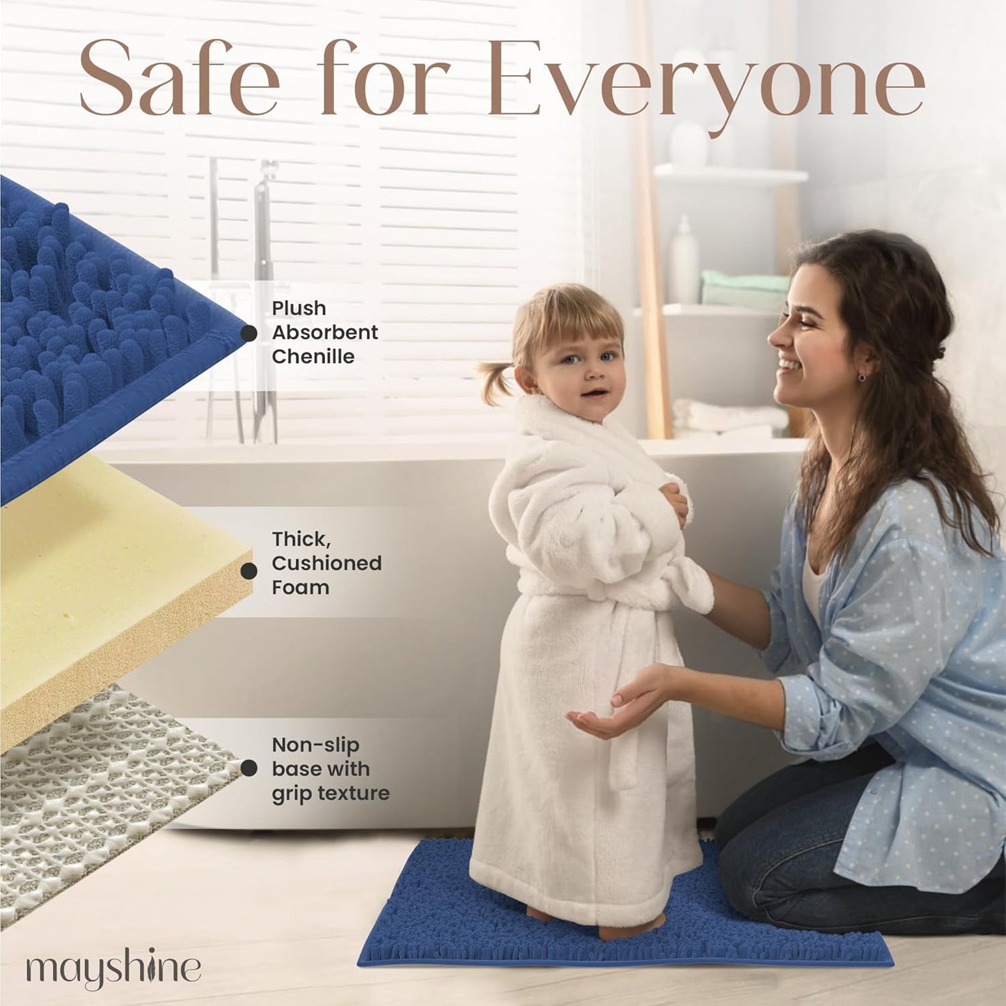 MAYSHINE Plush Shaggy Chenille Bath Mat | Extra Soft, Super Absorbent, Non-Slip Bathroom Rug | Fluffy Microfiber, Area Rug Sets for Bathroom Floor, Kitchen, Living Room | 23"x14" | Dark Blue