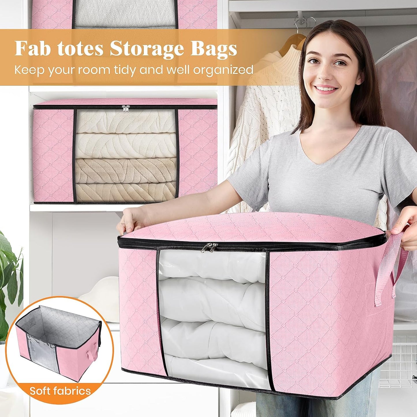 Fab totes 10 Pack Clothes Storage, Foldable Thick Fabric Blanket Storage Bags, Containers for Organizing Bedroom, Closet, Clothing, Comforter, Organization with Handle,Pink