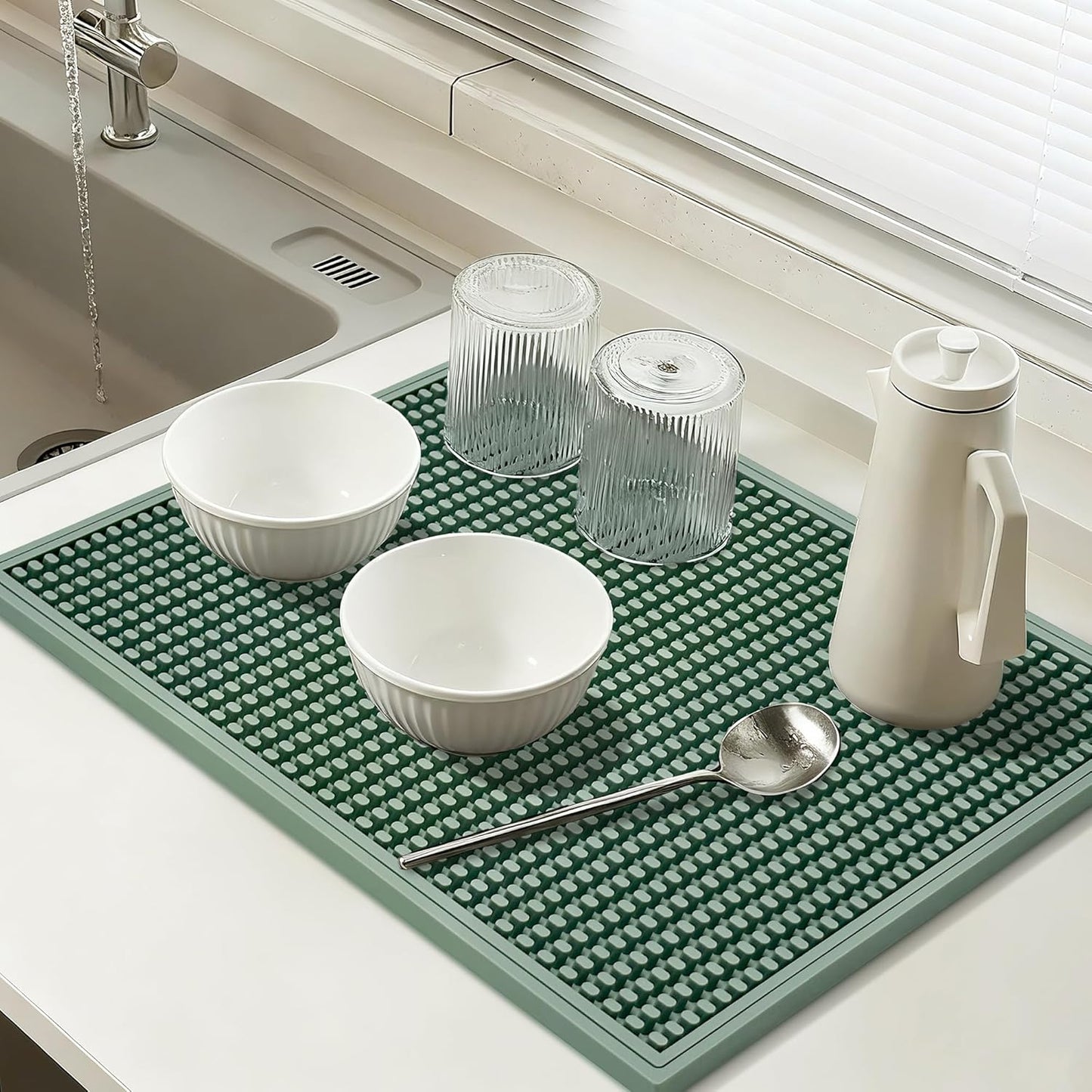 Dish Drying mat - 18" x 12" Green Silicone Drying mat, Kitchen Counter Dish Drying mats,Rubber Dish Drying mat, Applies to bar mat、Coffee mat